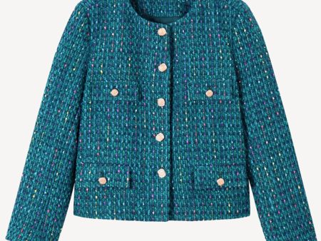 Dark Blue Tweed Open Front Women Jacket Sale