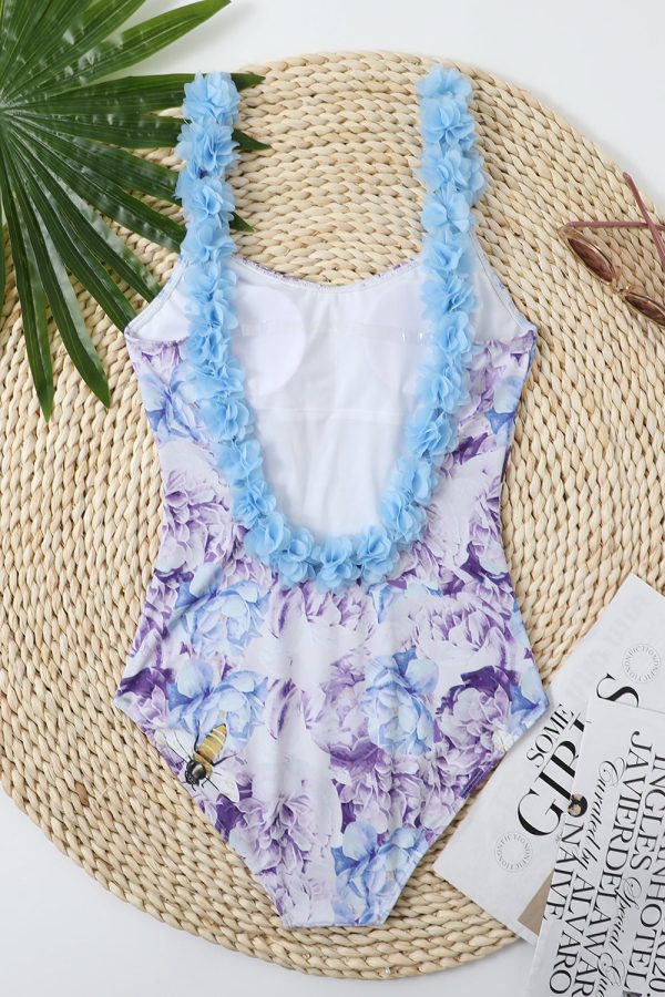 Blue Printed High Waist One Piece Swimwear with Flowers Supply