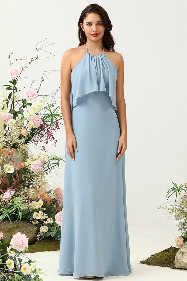 A Line Halter Neck Blue Long Bridesmaid Dress For Cheap