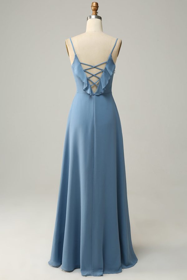 A Line Spaghetti Straps Grey Blue Long Bridesmaid Dress with Ruffles Fashion