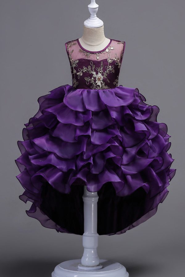 High Low Round Neck Sleeveless Purple Girls Party Dresses Supply