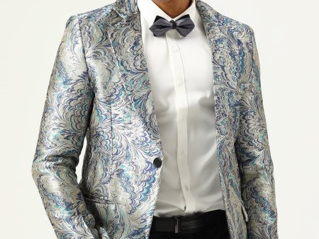 Silver and Blue Jacquard Notched Lapel Men s Prom Blazer Cheap