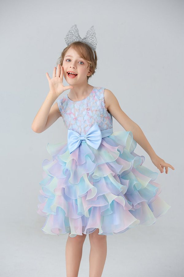 Blue Tulle Tiered Girls  Dress with Bows Fashion