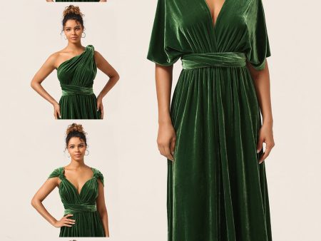 Elegant A Line V Neck Dark Green Covertible Wear Velvet Long Bridesmaid Dress For Cheap