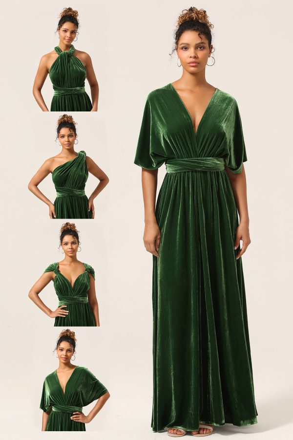 Elegant A Line V Neck Dark Green Covertible Wear Velvet Long Bridesmaid Dress For Cheap