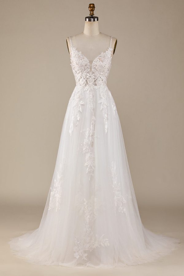 Ivory A-Line Tulle Criss-Cross Straps Back Wedding Dress For Sale