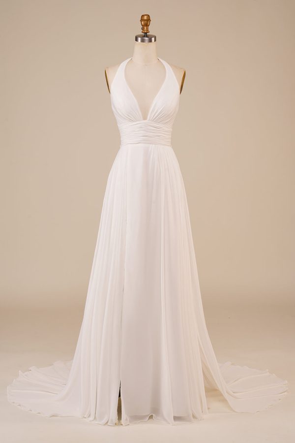 A-Line Halter Ivory Sweep Train Wedding Dress with Slit Online now