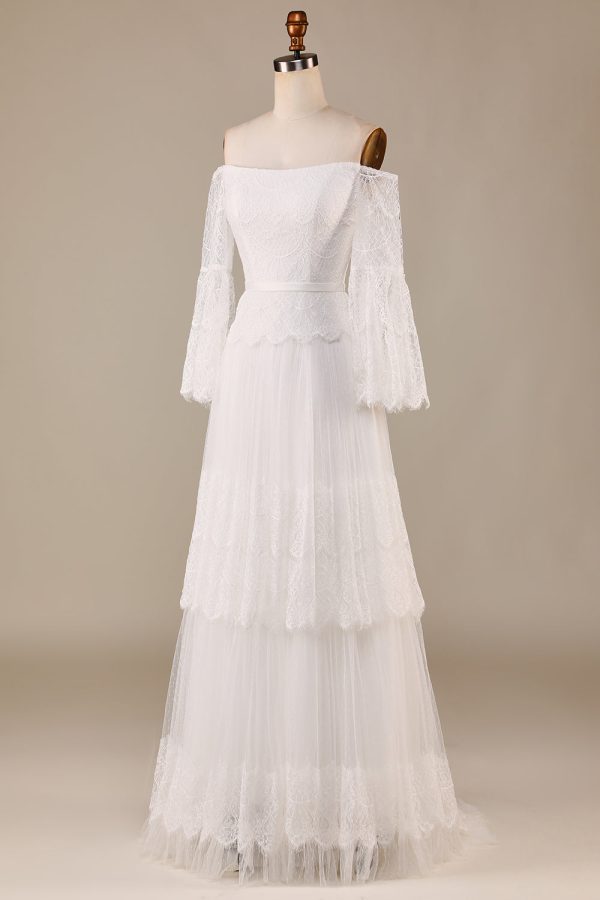 A Line Off the Shoulder Ivory Sweep Train Flare Sleeves Wedding Dress on Sale