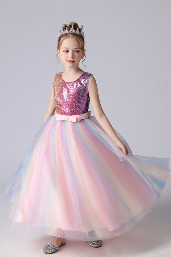 A-Line Sparkly Pink Sequins Kids Girls  Dress with Bows Cheap