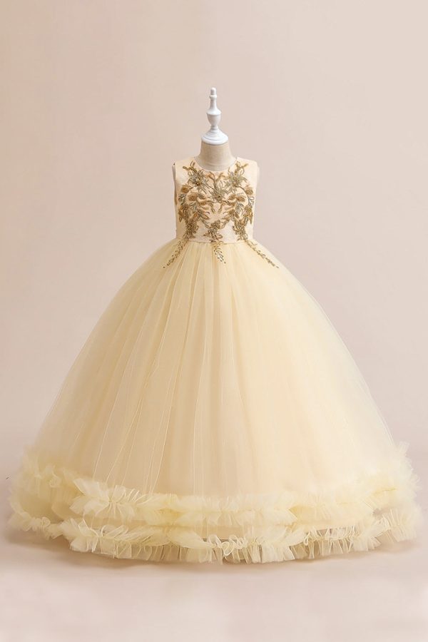 Champagne Tulle A Line Girl Dress with Embroidery Online now