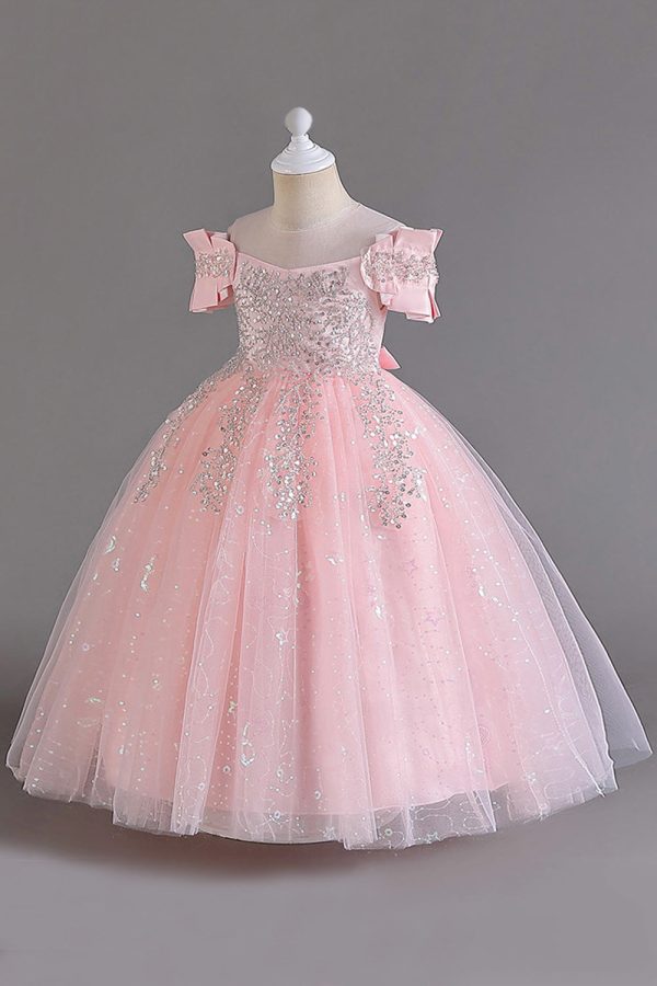 Pink Off the Shoulder A Line Flower Girl Dress with Bow Discount