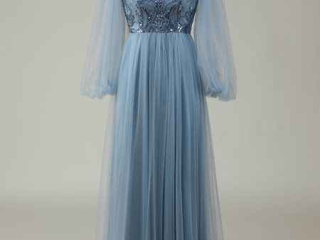 A Line Grey Blue Sequin Long Sleeves Bridesmaid Dress Online Sale