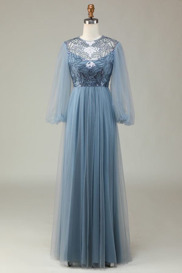 A Line Grey Blue Sequin Long Sleeves Bridesmaid Dress Online Sale