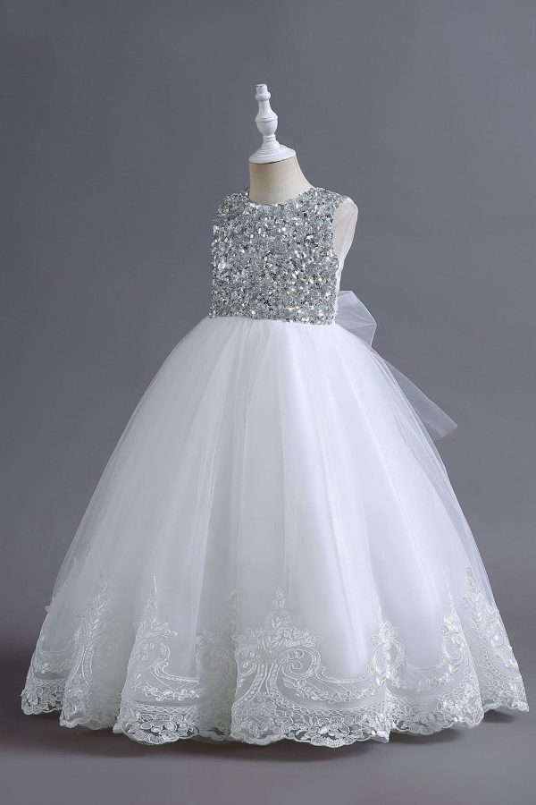 White Sequins Lace A Line Girls Dresses With Bow Cheap