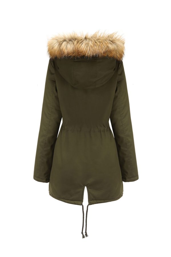 Army Green Fur Collar Drawstring Waist Thickened Mid Coat Cheap