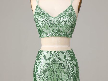 Ultimate Glow Two Piece Spaghetti Straps Green Sequins Short Homecoming Dress Sale