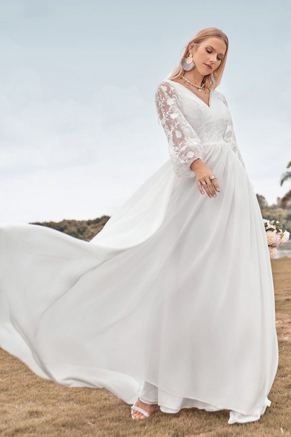 A Line V Neck Ivory Chiffon Sweep Train Boho Wedding Dress with Lace Discount