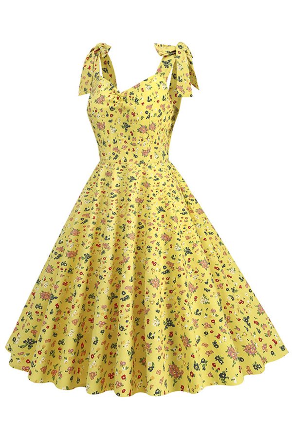 Yellow Printed Sleeveless Straps Vintage Dress Supply