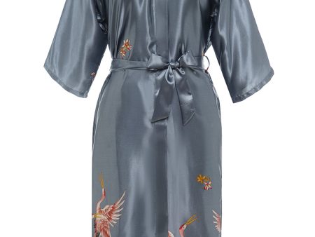 Grey Crane Printed Satin Bridal Robe Hot on Sale