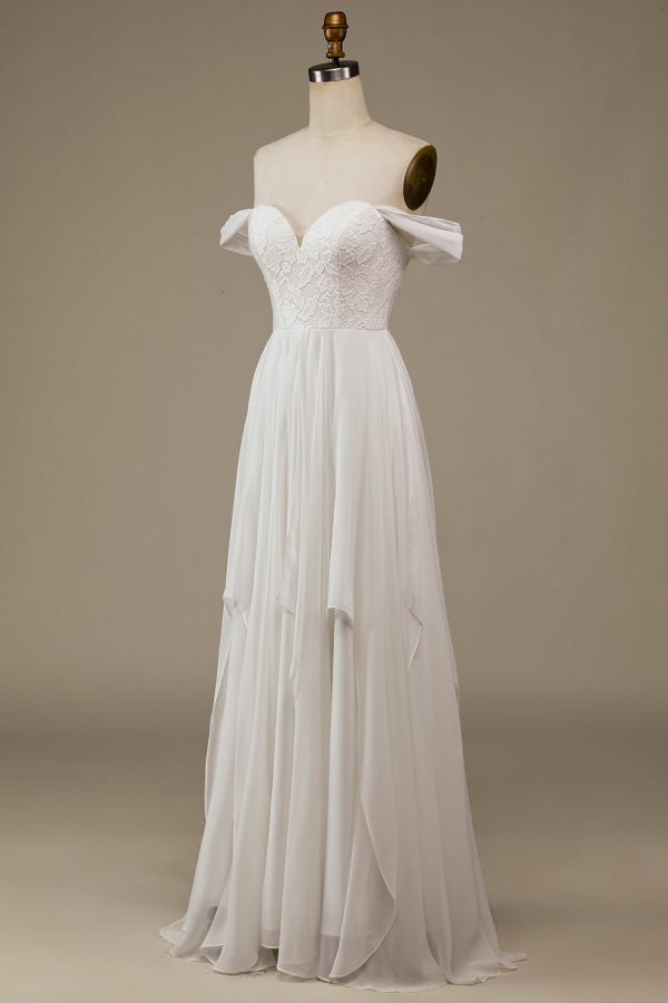 Ivory Boho Chiffon Asymmetrical Wedding Dress with Lace Sale