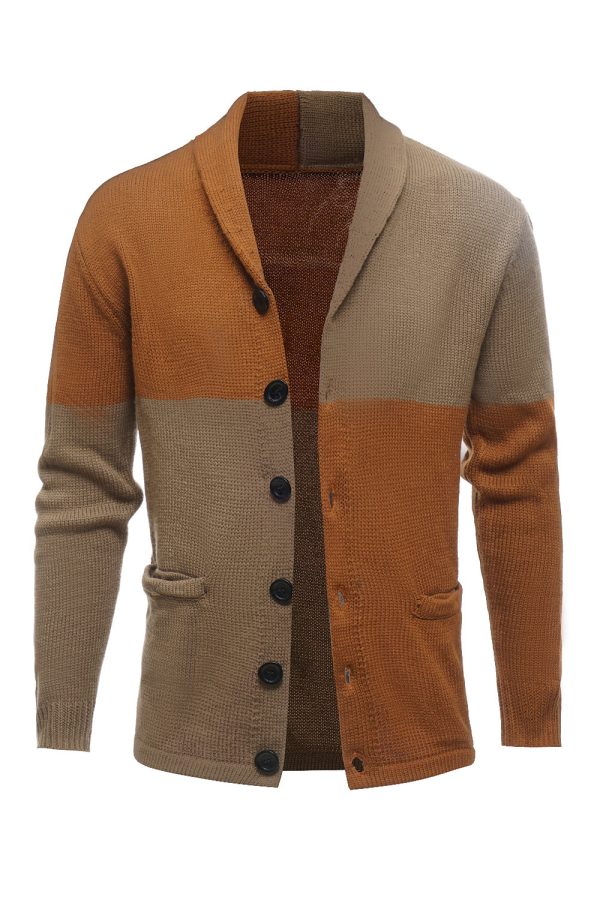 Brown Patchwork Shawl Collar Long Sleeves Men s Cardigan Sweater Online Sale