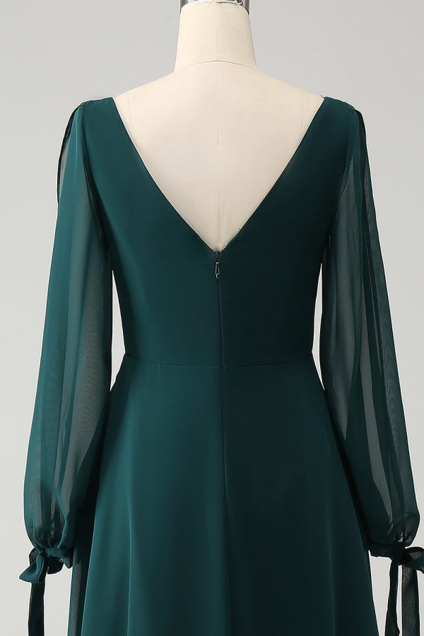 A Line Dark Green Bateau Neck Chiffon Bridesmaid Dress with Slit Sale