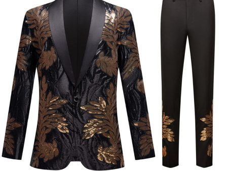 Black and Gold Jacquard Sequins Men s 2 Piece Prom Suits Supply