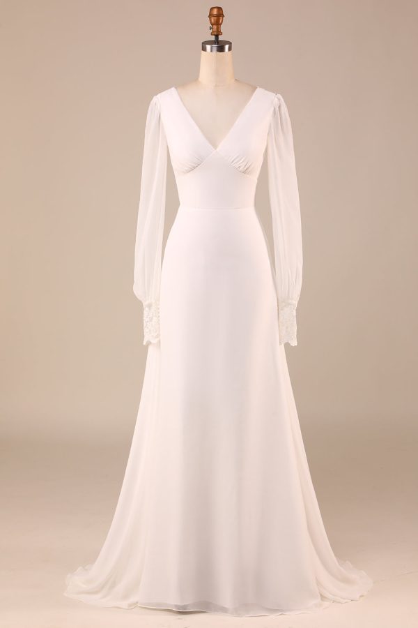 Ivory Long Sleeves Boho Chiffon Open Back Wedding Dress on Sale