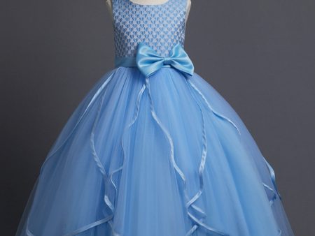 Blue Round Neck Tulle Long Girls  Dress Online Hot Sale