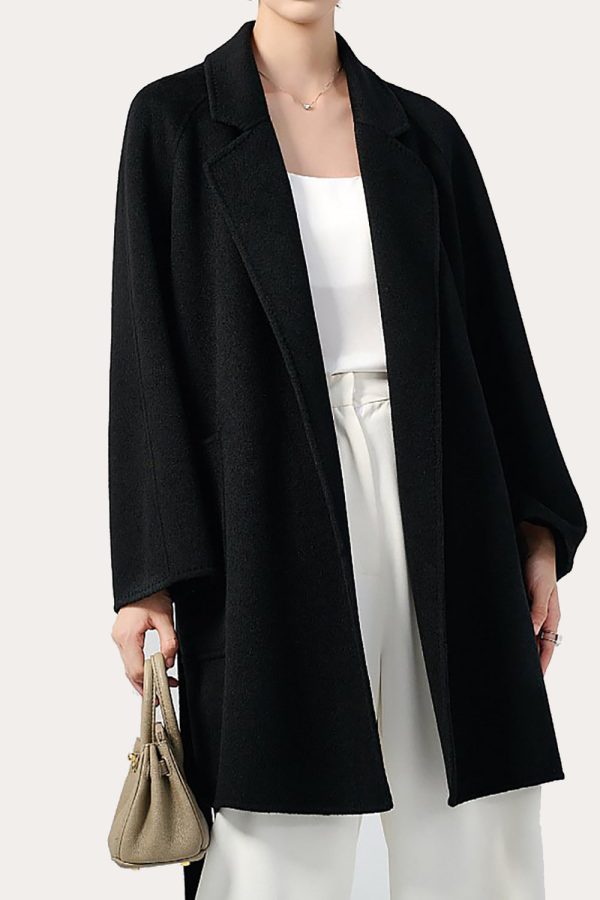 Black Notched Lapel Midi Women Wool Coat with Belt For Sale