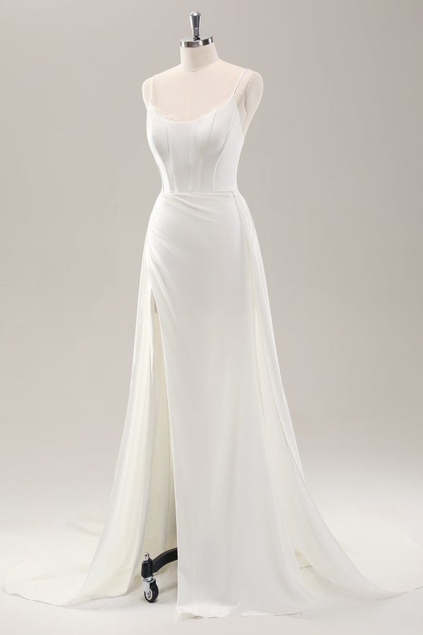 White Spaghetti Straps Satin Sweep Train Wedding Dress with Slit Discount