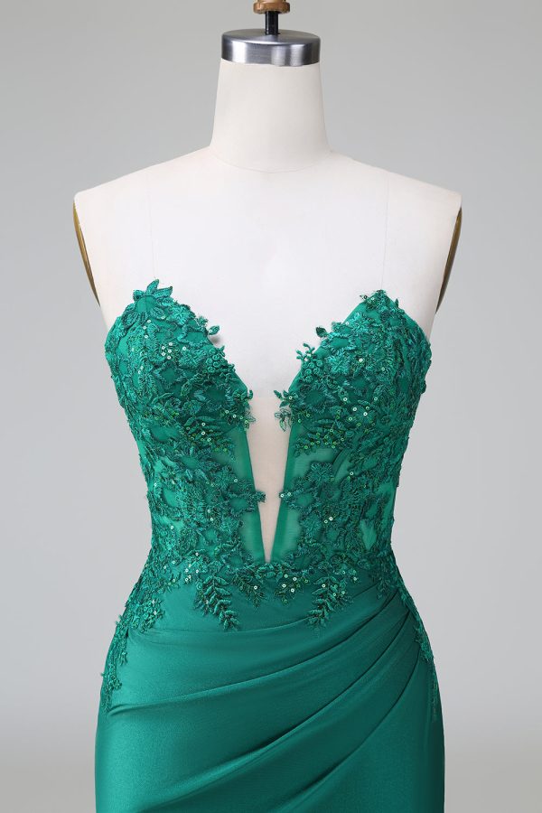 Dark Green Tight Deep V Neck Satin Strapless Short Homecoming Dress with Appliques Sale