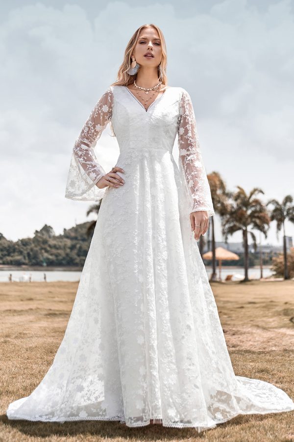 Beauty A Line V Neck Ivory Lace Flare Sleeves Wedding Dress on Sale