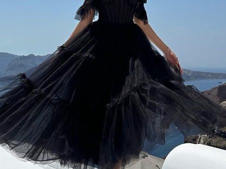 Black A-Line Sweetheart Midi Tulle Cocktail Dress Online Hot Sale