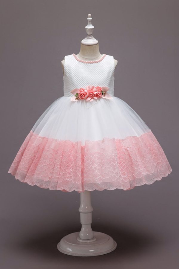 Pink Sleeveless Flower Tulle Girls  Dress With Bow Online Sale