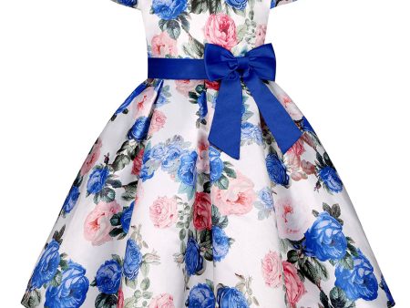 Blue Floral Girls  Dress with Bowknot Discount