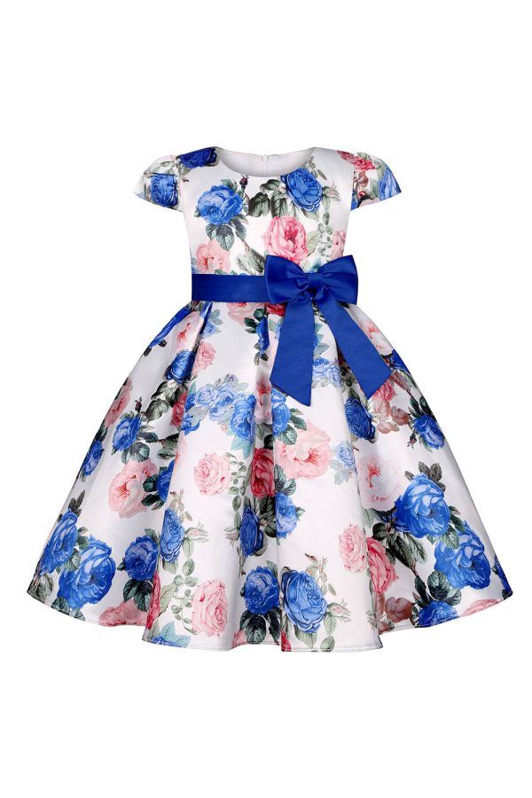 Blue Floral Girls  Dress with Bowknot Discount