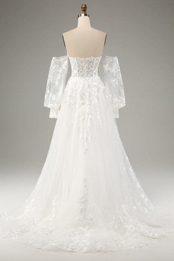 White A Line Tulle Long Sleeves Wedding Dress with Appliques Lace on Sale