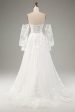 White A Line Tulle Long Sleeves Wedding Dress with Appliques Lace on Sale