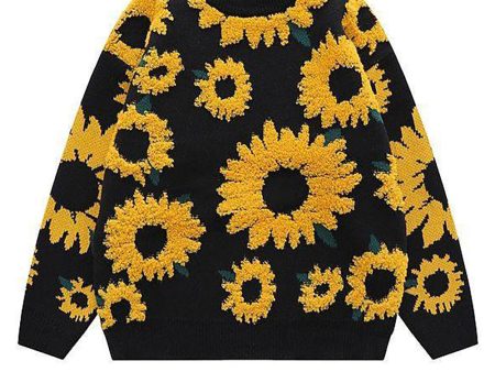 Round Neck Black Chrysanthemum Sweater For Discount