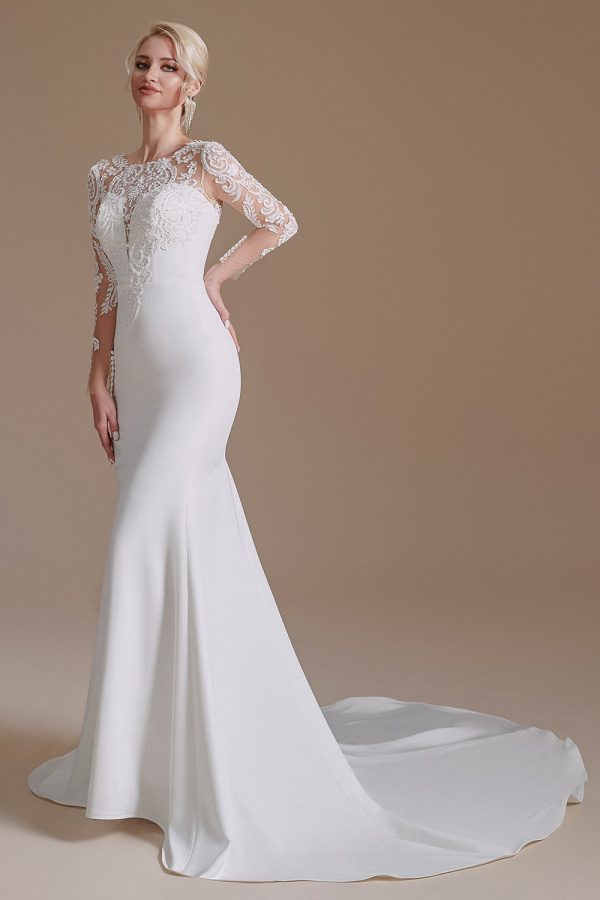 White Mermaid Long Sleeves Sweep Train Wedding Dress with Lace Fashion