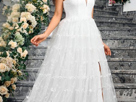 White A Line V Neck Tulle Long Formal Party Dress with Slit Online now