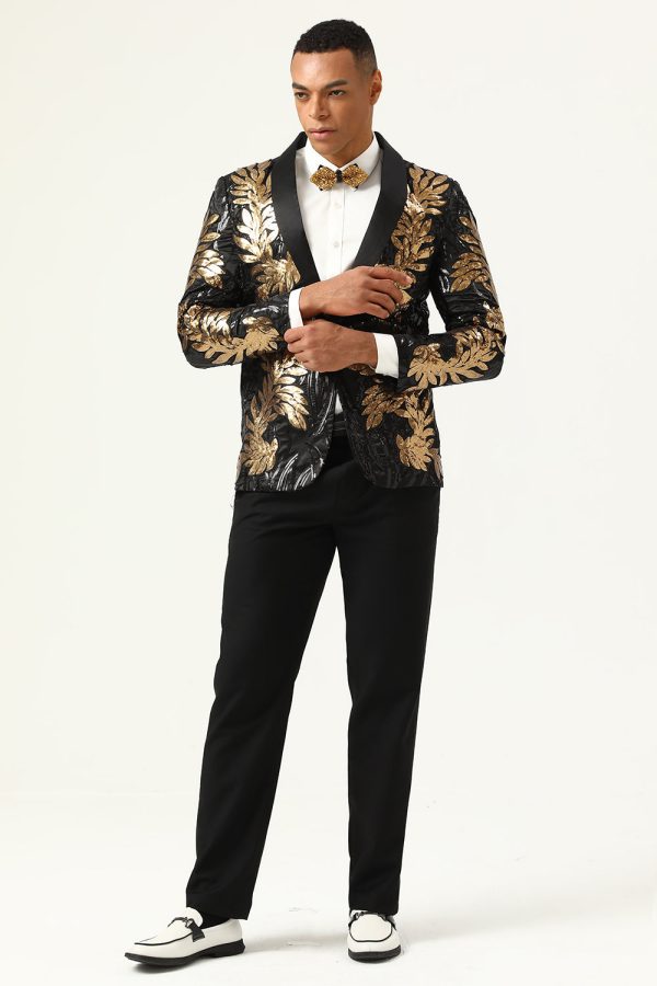 2 Piece Black and Gold Jacquard Sequins Men s Prom Suits For Sale