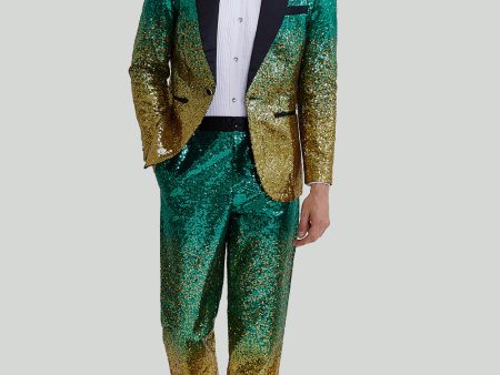 Gold Green Men s 2 Piece Notched Lapel Sequins Suits Fashion