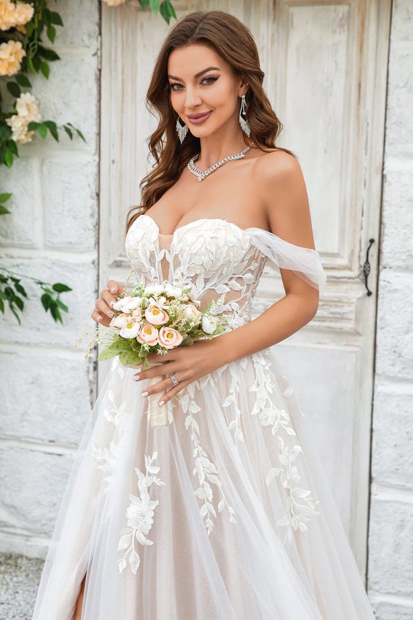 Beauty A Line Off the Shoulder Champagne Tulle Detachable Wedding Dress with Lace Online Sale