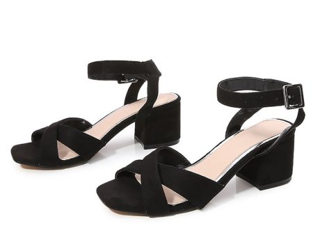 Black Cross Ankle Strap Chunky Heeled Sandals Cheap