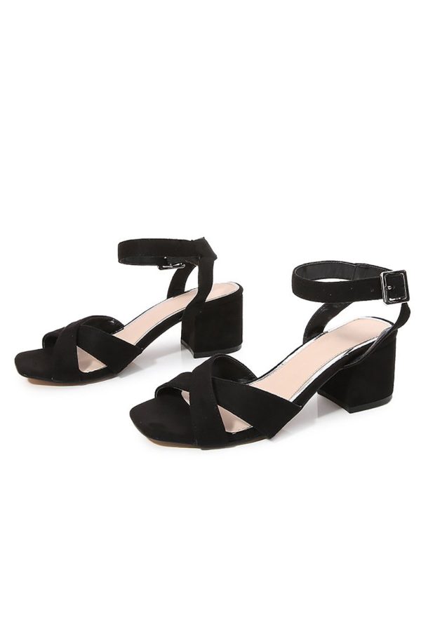 Black Cross Ankle Strap Chunky Heeled Sandals Cheap