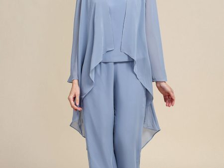 Grey Blue Long Sleeves 3 Piece Mother of the Bride Pant Suits Online Sale