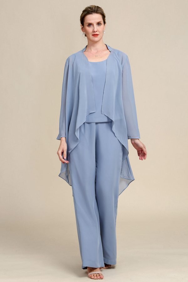 Grey Blue Long Sleeves 3 Piece Mother of the Bride Pant Suits Online Sale