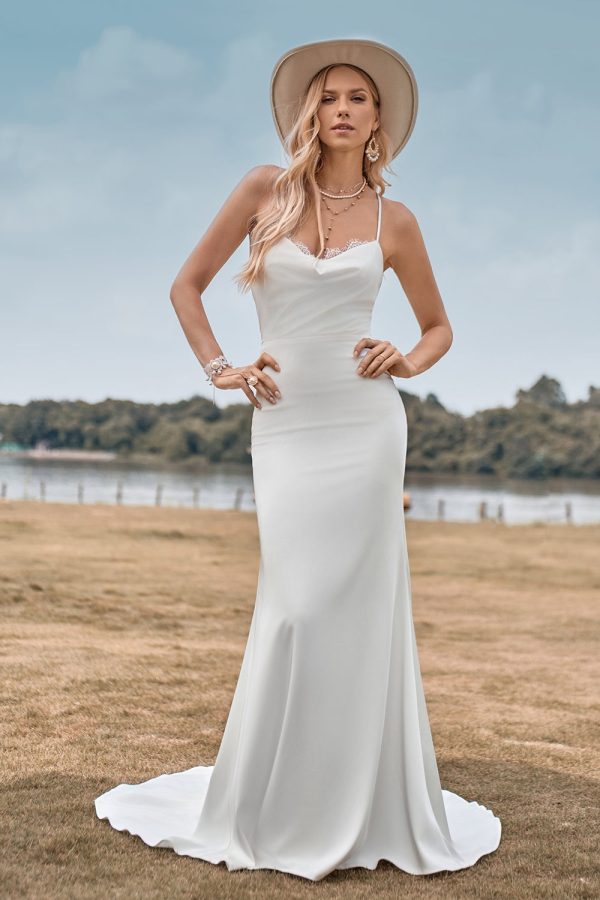 Simple Spaghetti Straps White Bridal Dress with Criss Cross Back Hot on Sale